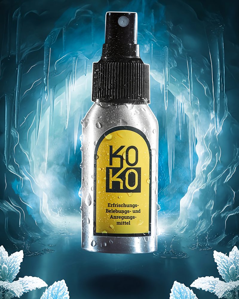 Die KoKo-Sprühflasche schwebt in einer blau leuchtenden Eishöhle, umrahmt von frostbedeckter Minze